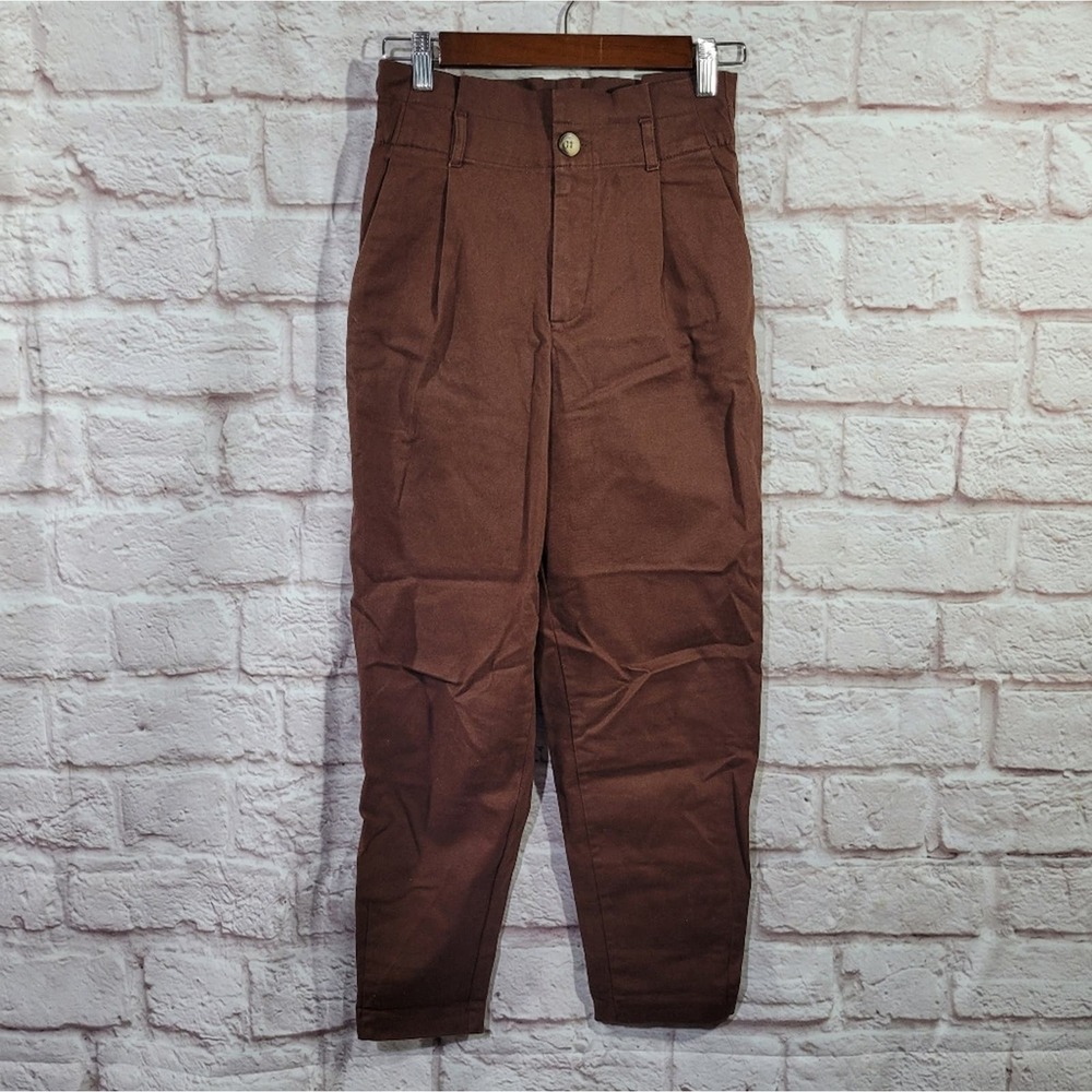 Zara Brown High Rise Straight Leg Paperbag Cotton Pants